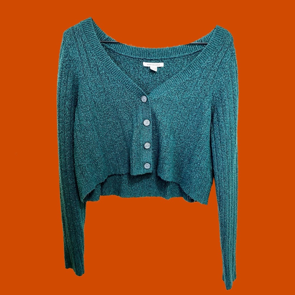 American Eagle Outfitters Cropped, Ribbed Fuzzy Green Button-Up Cardigan Size XS